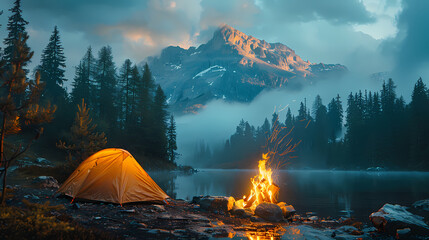 camping tent in the forest.summer camp with bonfire, tent, backpack . landscape with mountain, fores