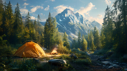 camping tent in the forest.summer camp with bonfire, tent, backpack . landscape with mountain, fores