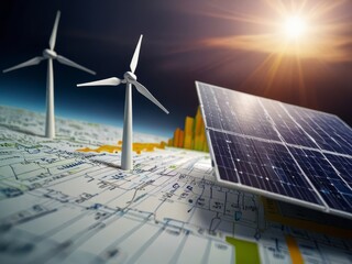 energy technologies such as solar panels or wind turbines prominently displayed with financial indicators like investment charts or dollar signs