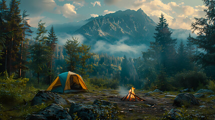 camping tent in the forest.summer camp with bonfire, tent, backpack . landscape with mountain, fores