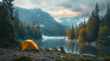 camping tent in the forest.summer camp with bonfire, tent, backpack . landscape with mountain, fores