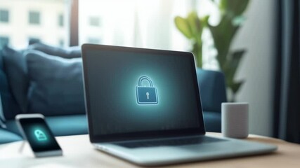 Poster - Home office setup featuring a laptop with a security lock, emphasizing personal data security in a remote work environment.