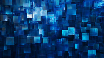 Poster - Abstract deep blue technology banner with crystal cube cells wall, transparent structure. Digital wallpaper and banner.
