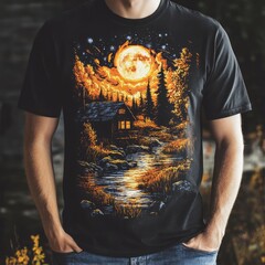 Sticker - A man wearing a black t-shirt featuring a vibrant nature scene.