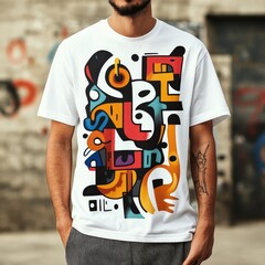 Poster - A man wearing a colorful abstract graphic t-shirt.