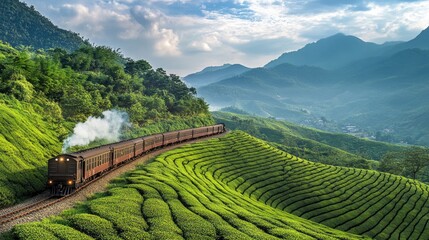 A serene scene of a train pulling grain-filled freight cars across the lush green tea plantations, with the peaceful landscape