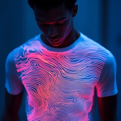 Wall Mural - A model wearing a glowing, wavy-patterned shirt in a dim setting.