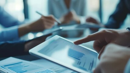 Aufkleber - Business meeting with digital tablet showing charts and graphs, surrounded by documents and team members. Ideal for corporate collaboration and financial analysis.