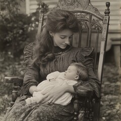 A mother cradles her sleeping baby in a vintage rocking chair.