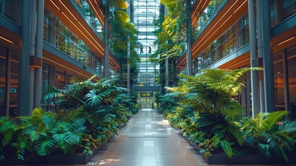 An indoor commercial building with a vibrant vertical garden, rooftop skylight, and an abundance of lush green plants creating a serene environment