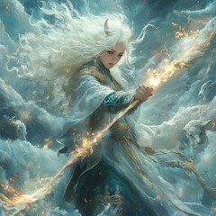 Wall Mural - A mystical figure wielding a staff amidst swirling clouds and flames.