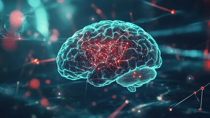 Poster - Human brain with neural connections. Human brain hologram. Brain anatomy. Human brain animation. Medical science background. Artificial Intelligence. Futuristic and high-tech background.