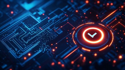 Poster - a power button on a digital semiconductor. ai chip with power icon or symbol as bright glowing pixel