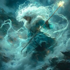 Wall Mural - A mystical figure with flowing hair and a staff amidst swirling clouds.