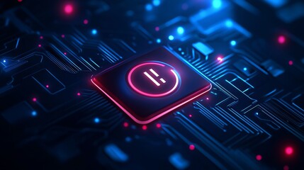 Poster - a power button on a digital semiconductor. ai chip with power icon or symbol as bright glowing pixel