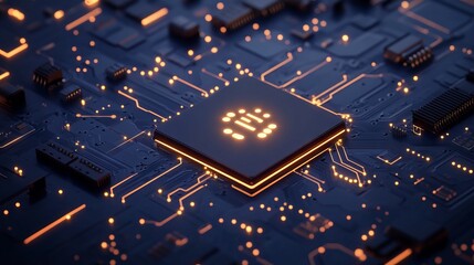 Poster - a power button on a digital semiconductor. ai chip with power icon or symbol as bright glowing pixel