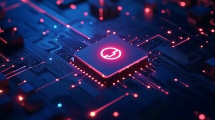 Poster - a power button on a digital semiconductor. ai chip with power icon or symbol as bright glowing pixel