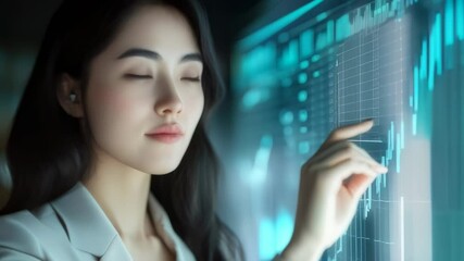 Aufkleber - Asian businesswoman analyzing financial graphs on a digital interface. Business strategy and data analysis concept.