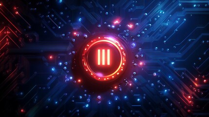 Poster - a power button on a digital semiconductor. ai chip with power icon or symbol as bright glowing pixel