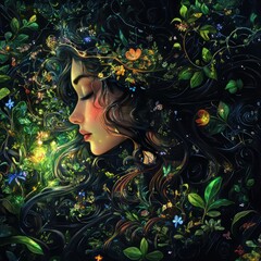 Canvas Print - A mystical portrait of a woman entwined with nature and flowers.