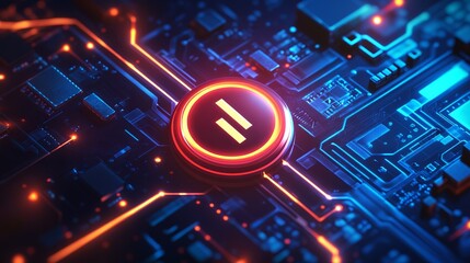 Poster - a power button on a digital semiconductor. ai chip with power icon or symbol as bright glowing pixel