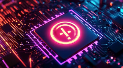 Poster - a power button on a digital semiconductor. ai chip with power icon or symbol as bright glowing pixel