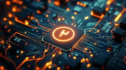 Poster - a power button on a digital semiconductor. ai chip with power icon or symbol as bright glowing pixel
