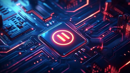 Poster - a power button on a digital semiconductor. ai chip with power icon or symbol as bright glowing pixel