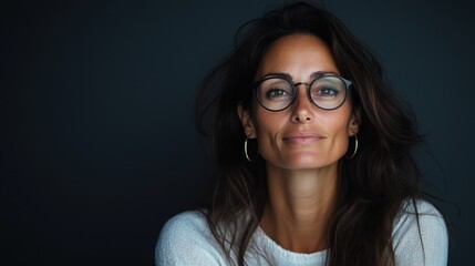 A woman with long wavy hair and glasses calmly poses in a white sweater, showcasing a look of quiet confidence and modern elegance.