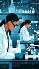 Poster - Hispanic Female Scientists Conduct Groundbreaking Research and Innovation in a Modern Laboratory.