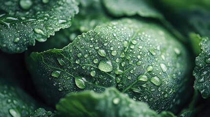 Detailed close-up image of green leafy vegetable surrounded by dew drops, capturing the essence of freshness, natural beauty, and the garden environment early in the morning.