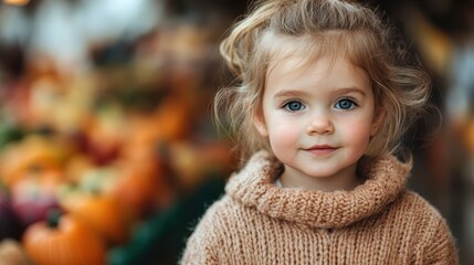 A blonde child dressed in a warm sweater poses amidst a colorful array of market goods, embodying the vibrance and childhood wonder of a bustling autumn market.