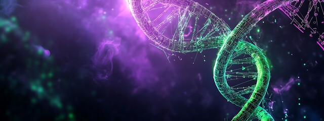 Poster - A 3D Rendered Double Helix of DNA with Purple and Green Hues and a Blurred Background
