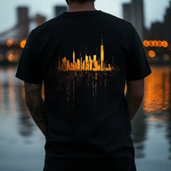 Sticker - A person wearing a black shirt with a skyline graphic on the back.