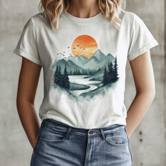 Wall Mural - A person wearing a t-shirt featuring a scenic mountain landscape.