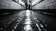 © aicandy - A reflective black-and-white photograph capturing the wet, glossy tiles of a subway tunnel, highlighting the depth and perspective leading to a vanishing point