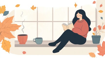 Poster - Cozy young woman reading by the window with a drink on a warm autumn day in a cartoon style.
