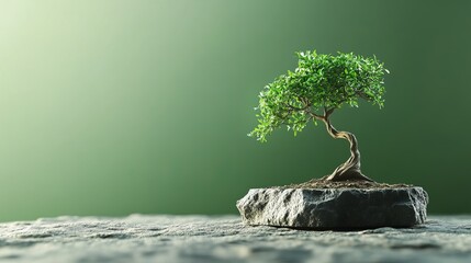 Bonsai Tree on Rock with Green Background