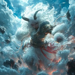 Sticker - A powerful figure with horns and flowing hair emerges from clouds.