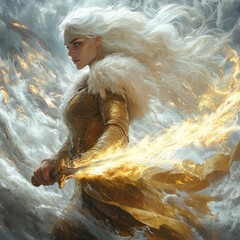 Canvas Print - A powerful warrior with a glowing sword amidst swirling clouds.