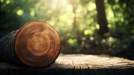 A close-up of a log's end in a sunlit forest, highlighting natural textures and tranquility.