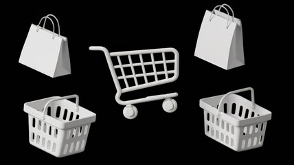 Wall Mural - Black background with white icons of shopping cart, shopping bag and shopping basket, concept of online shopping and e-commerce.