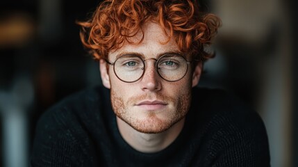 A young man with striking red hair and round glasses looks intently at the camera, wearing a casual black sweater, embodying modern style and thoughtfulness.