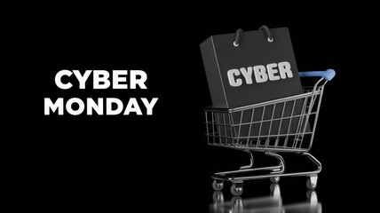 Wall Mural - Black background with shopping cart and word cyber monday, concept of online shopping and e-commerce.