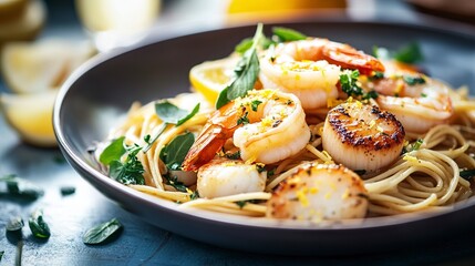 A delicious seafood pasta dish featuring shrimp and scallops, garnished with herbs and lemon.