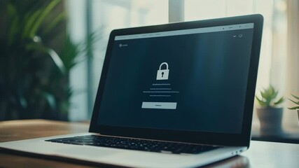 Poster - Laptop screen featuring a vibrant lock icon in a modern workspace, emphasizing the importance of cybersecurity in business operations.
