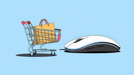 Wall Mural - Shopping cart with shopping bags next to a laptop mouse, online shopping and e-commerce concept.