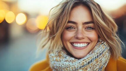 A woman with a radiant smile and beautiful eyes, wrapped in a colorful scarf, enjoying a crisp winter day with city lights softly glowing in the background.