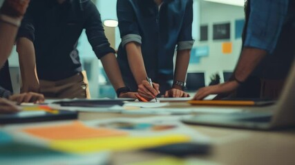 Poster - Group of professionals working together on a business project, brainstorming ideas around a conference table. Team collaboration and planning.