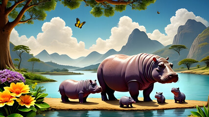 Picture of mother hippo and baby hippo with the beauty of nature on background. hippo.(23)